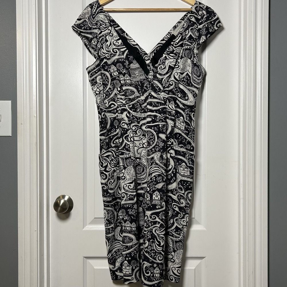 Moulinette Soeurs Anthropologie Black White Folk Art Print‎ Fit & Flare Dress